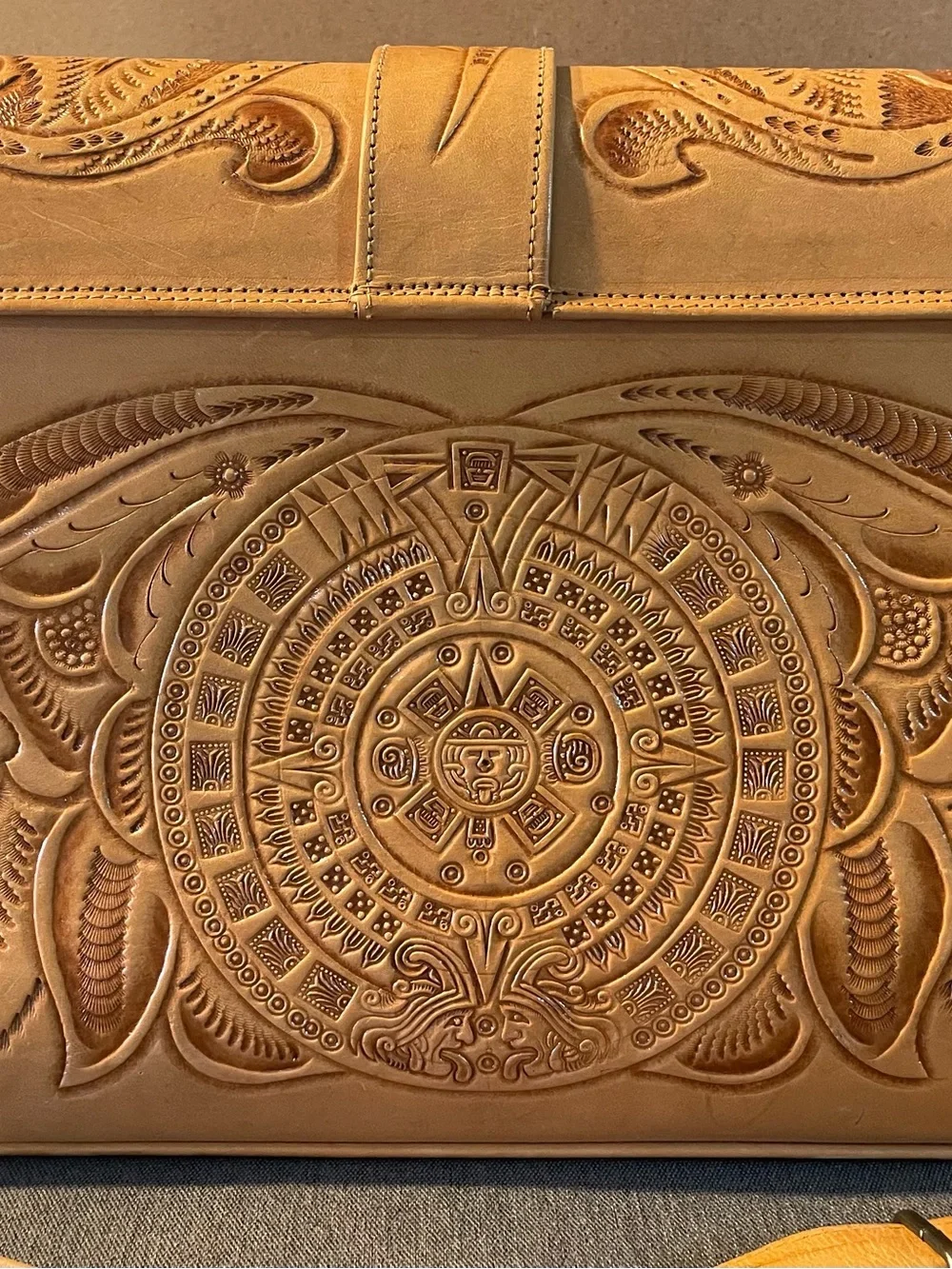 Pymsa Hand-Tooled Aztec Calendar & Floral Tan Leather Satchel made in Mexico